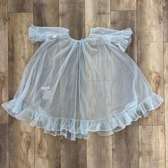 Vtg Lisette Lingerie Blue Lace Chiffon Robe Sz Med Peignoir Negligee Sheer Lace - Picture 6 of 13